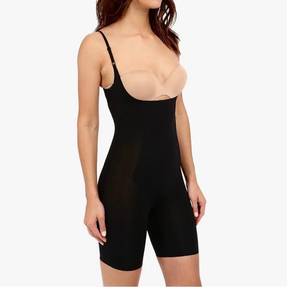 Spanx Shapewear Open Bust Mid-Thigh Black Adjustable Strap Size Large